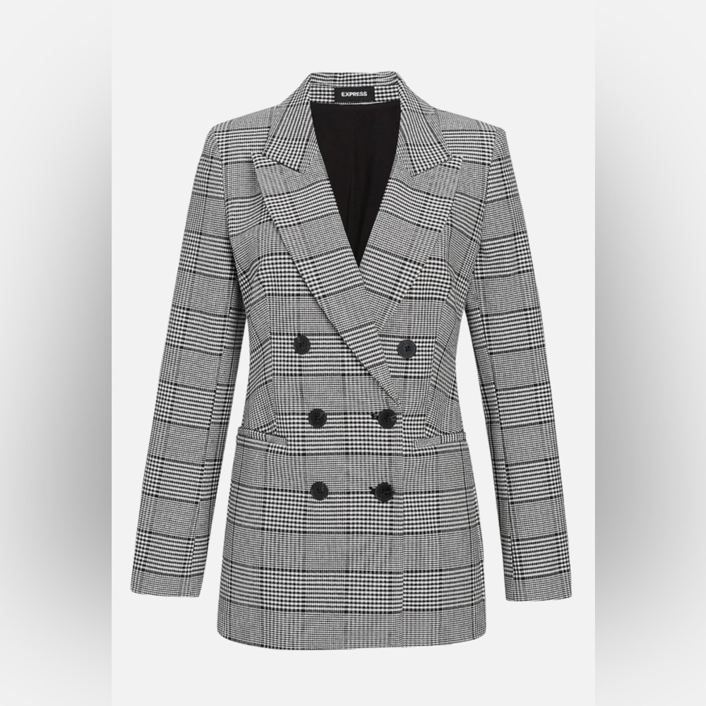 EXPRESS BLACK WHITE PLAID PEAK LAPEL DOUBLE BREASTED BLAZER JACKET SIZE XS